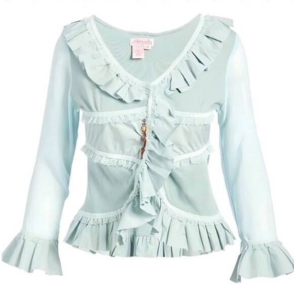 Aryeh ✦ Mint Green Ruffle Lace Long Sleeve Blouse ✦ Boho Romantic Feminine L - Picture 5 of 11